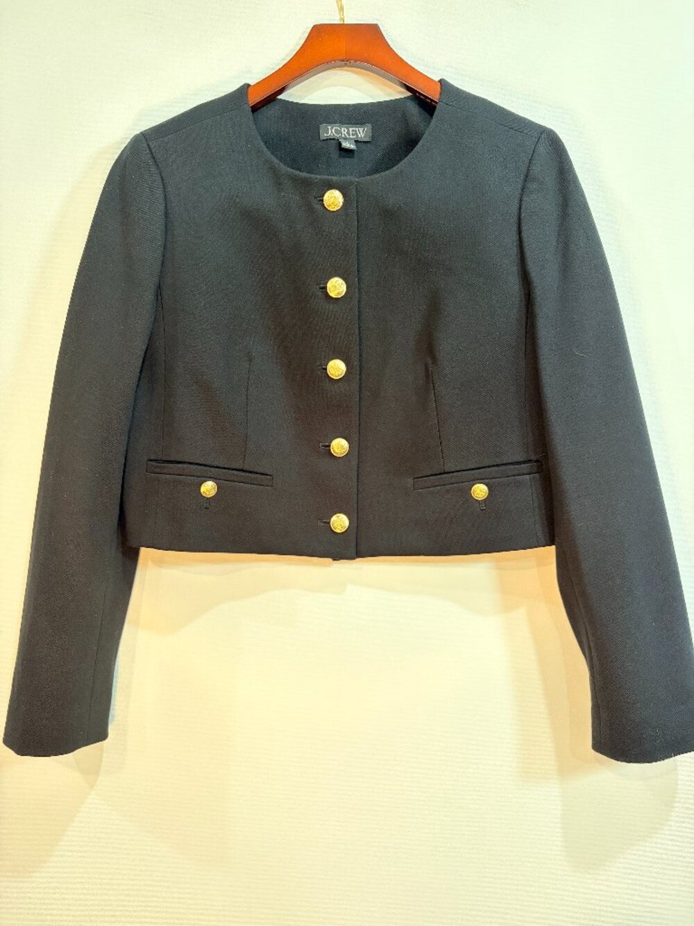 J.Crew Black Collarless Cropped Blazer Gold Crest Button Jacket Size 4